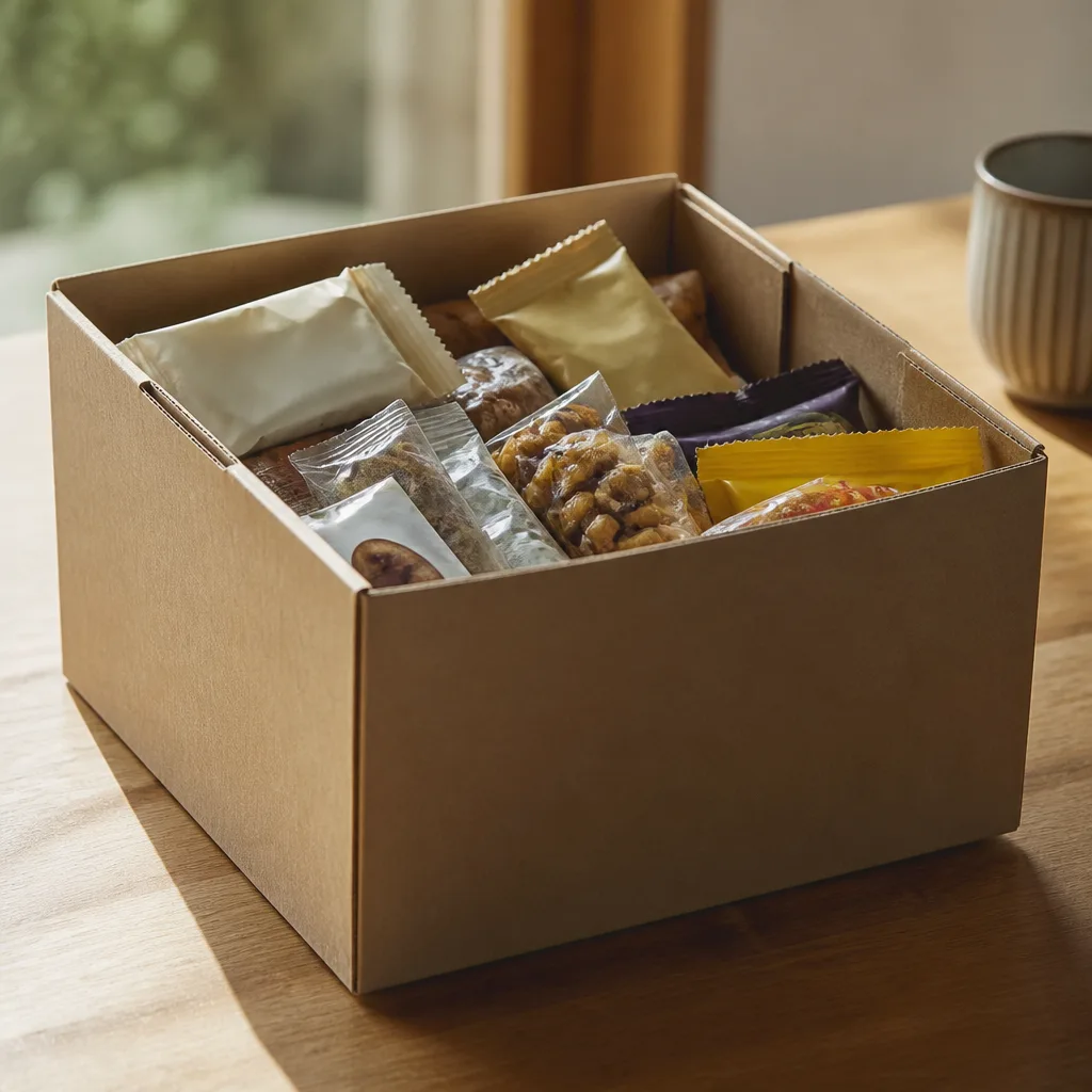 Snack Box — The three pm slump hits everyone and the vending machine never has anything she actually wants. Employee appreciation gifts