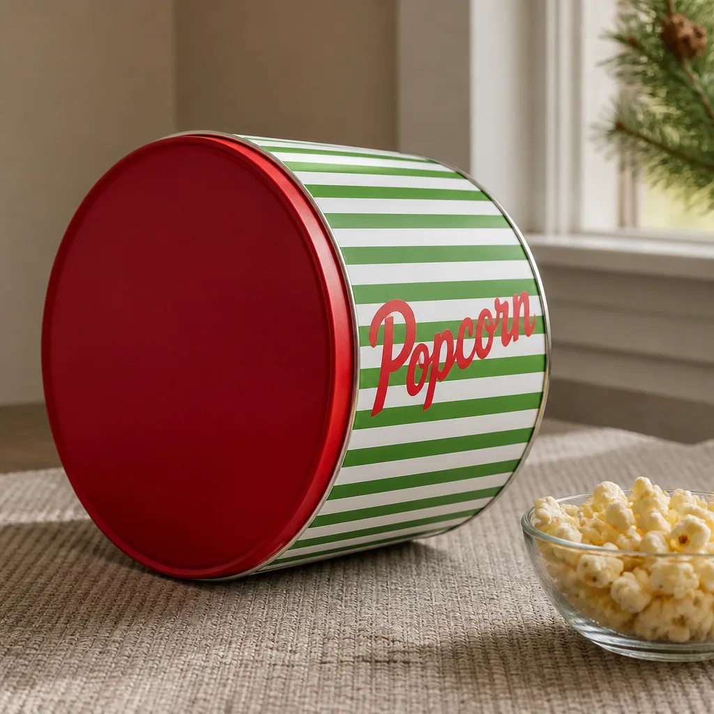 Gourmet Popcorn Tin — The tin that gets passed around the break room until it is empty by lunchtime. Employee christmas gifts