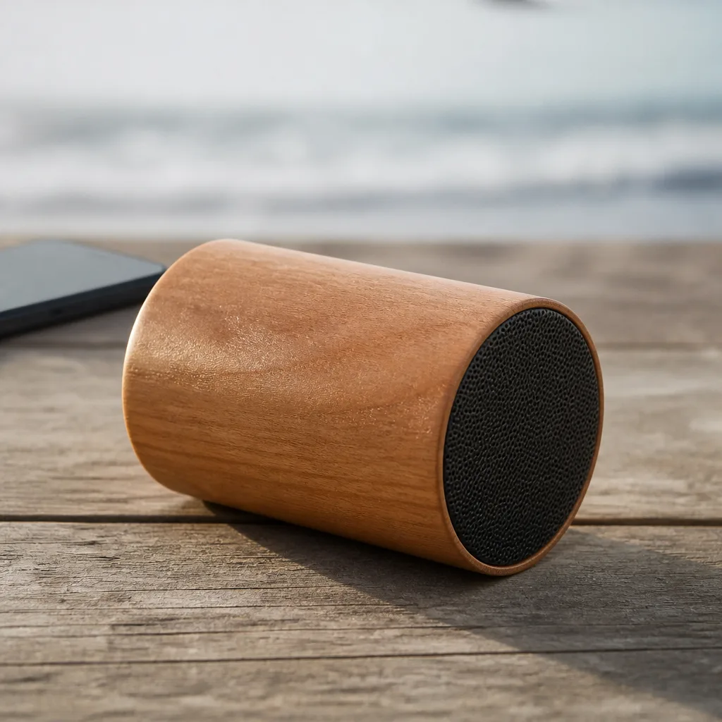 Wooden Bluetooth Speaker — Small enough to live on a kitchen counter or a desk, this one plays music through actual wood instead of plastic, which somehow