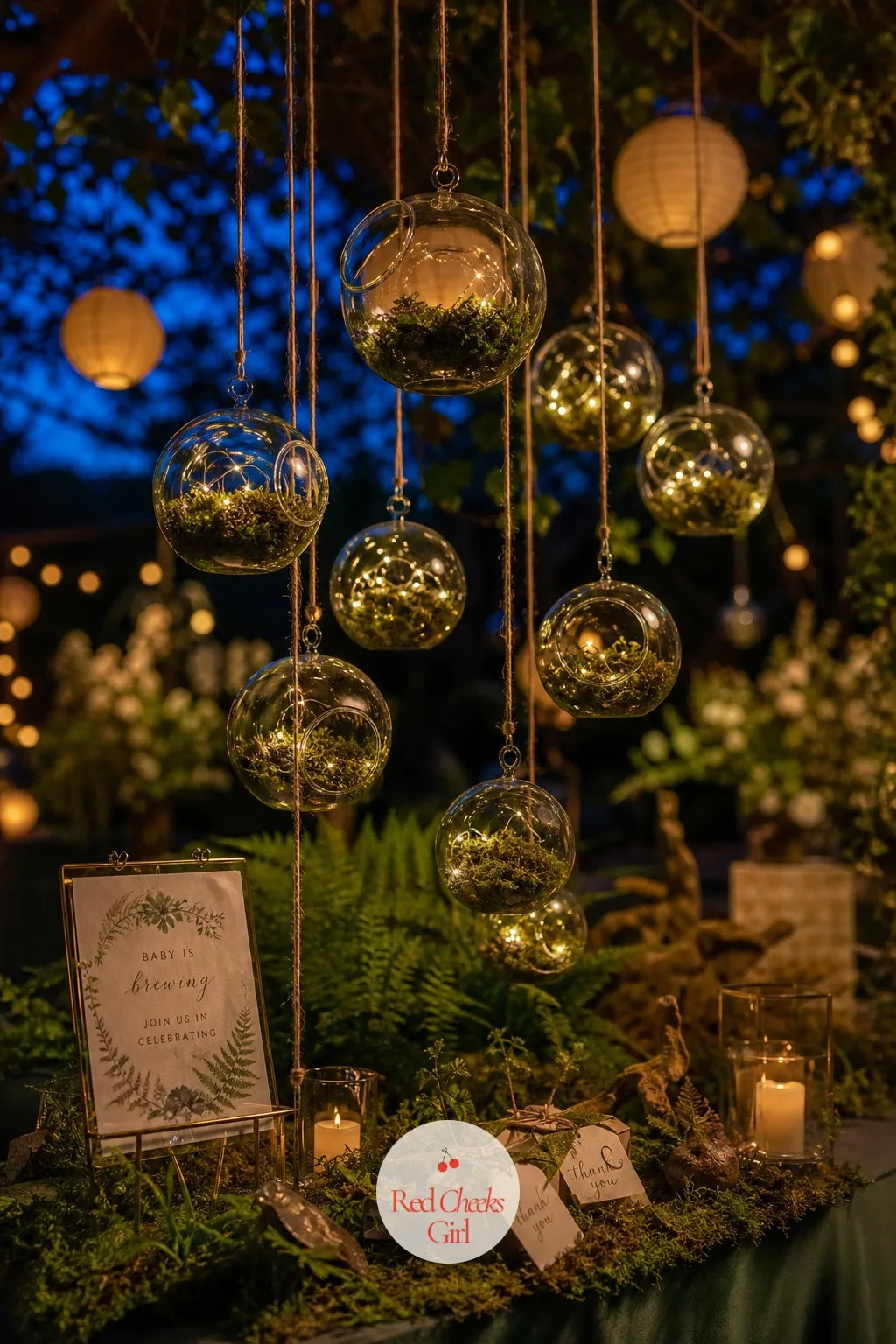 A Cluster of Hanging Glass Terrariums — A little height near the dessert table keeps the eye moving upward before it settles on the food. Enchanted forest