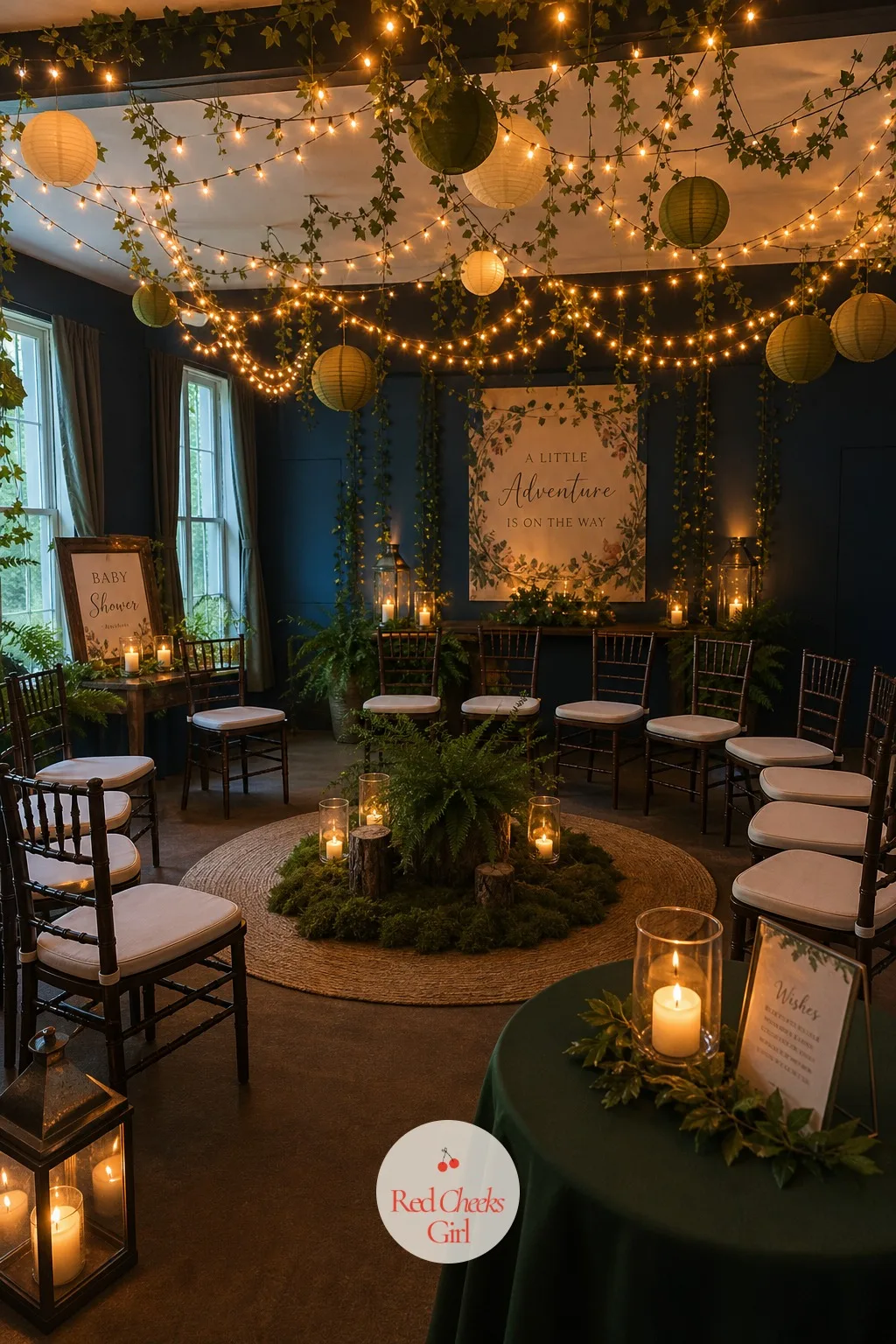 A Fairy Light Canopy Over the Seating Area — Chairs under a bare ceiling feel like a waiting room. Enchanted forest theme baby shower ideas
