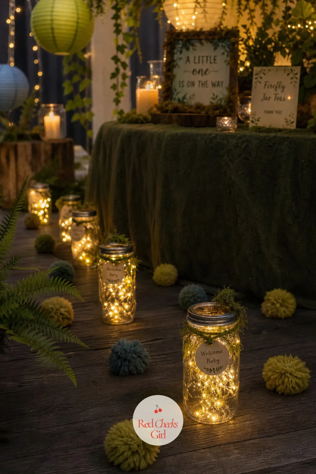 A Firefly Jar Toss — A line of small mason jars, each lit from inside by a battery fairy light, sits at staggered distances along a table or the floor, glowing