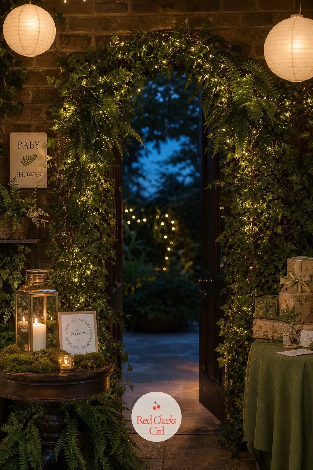 An Ivy and Fern Arch at the Doorway — A bare doorway says nothing. Enchanted forest theme baby shower ideas