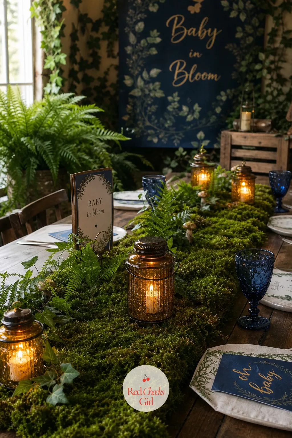 A Moss Table Runner Down the Gift Table — A plain cloth under a pile of gifts photographs as a plain cloth. Enchanted forest theme baby shower ideas