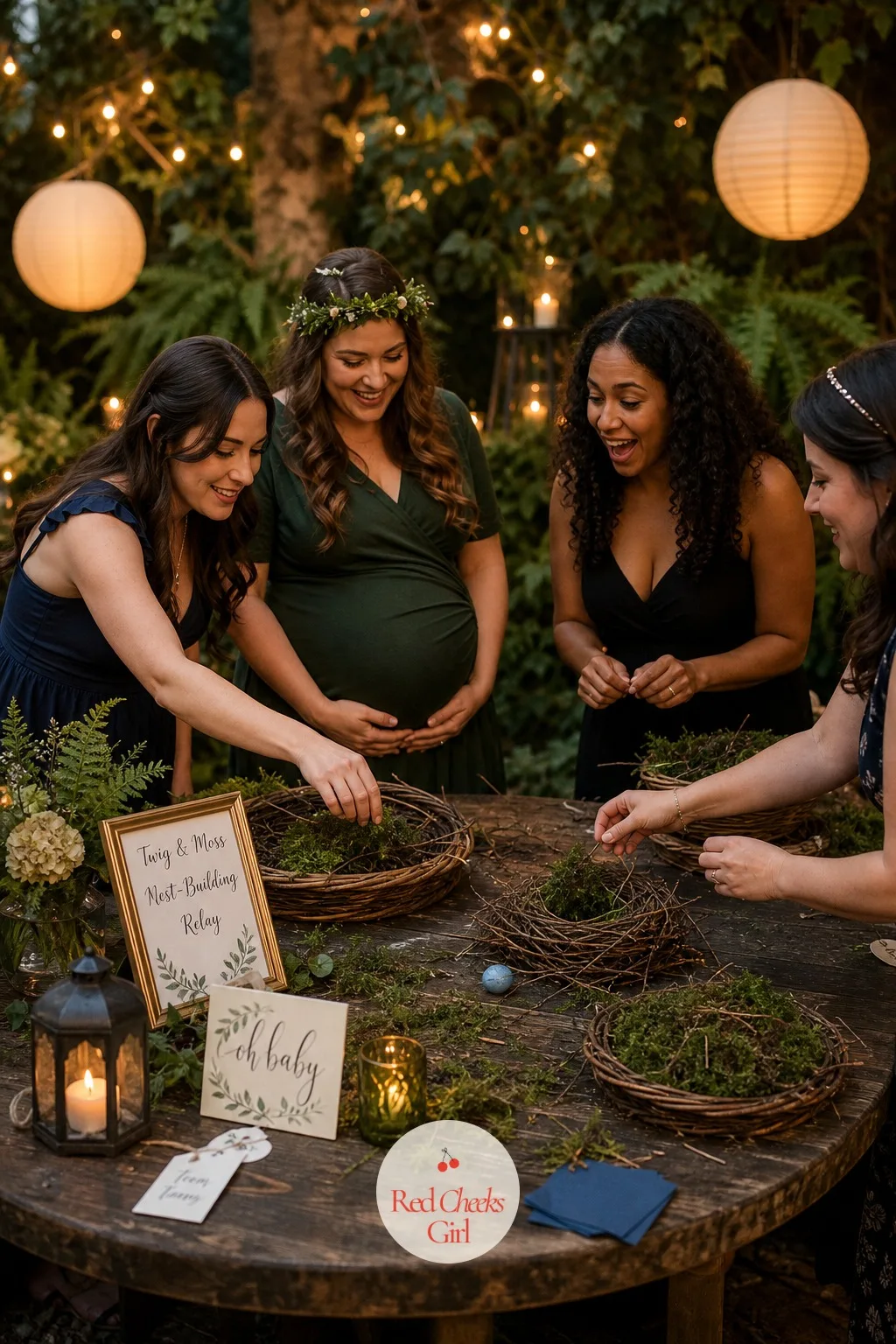A Twig and Moss Nest-Building Relay — Two shallow baskets, each holding a pile of twigs, a handful of moss, and a few scraps of ribbon, sit on a table waiting