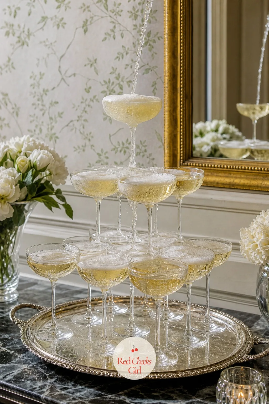 Champagne Tower Display — A champagne tower is pure theater, and it photographs itself. Engagement party ideas