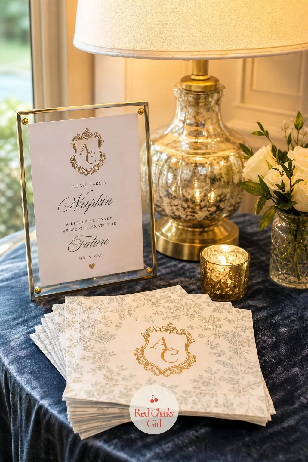 Couple Crest On Napkins And Signs — A monogram feels like a hotel amenity, a crest feels like a family that already exists. Engagement party ideas