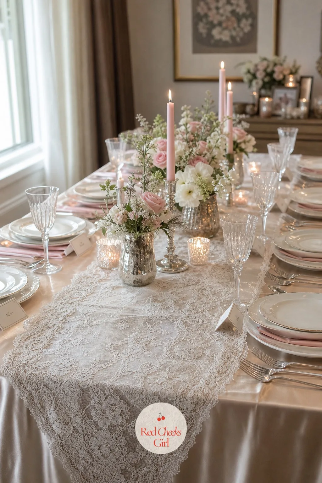 Antique Lace Runner — A strip of antique-style lace laid over a champagne satin cloth gives the table the texture of something inherited rather than hired, the