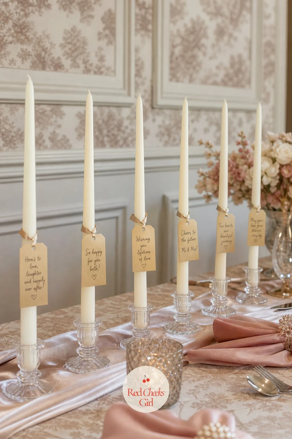 Candles with Handwritten Messages — Along the table, a row of taper candles each carries a small paper tag with a handwritten line for the couple, tied on with
