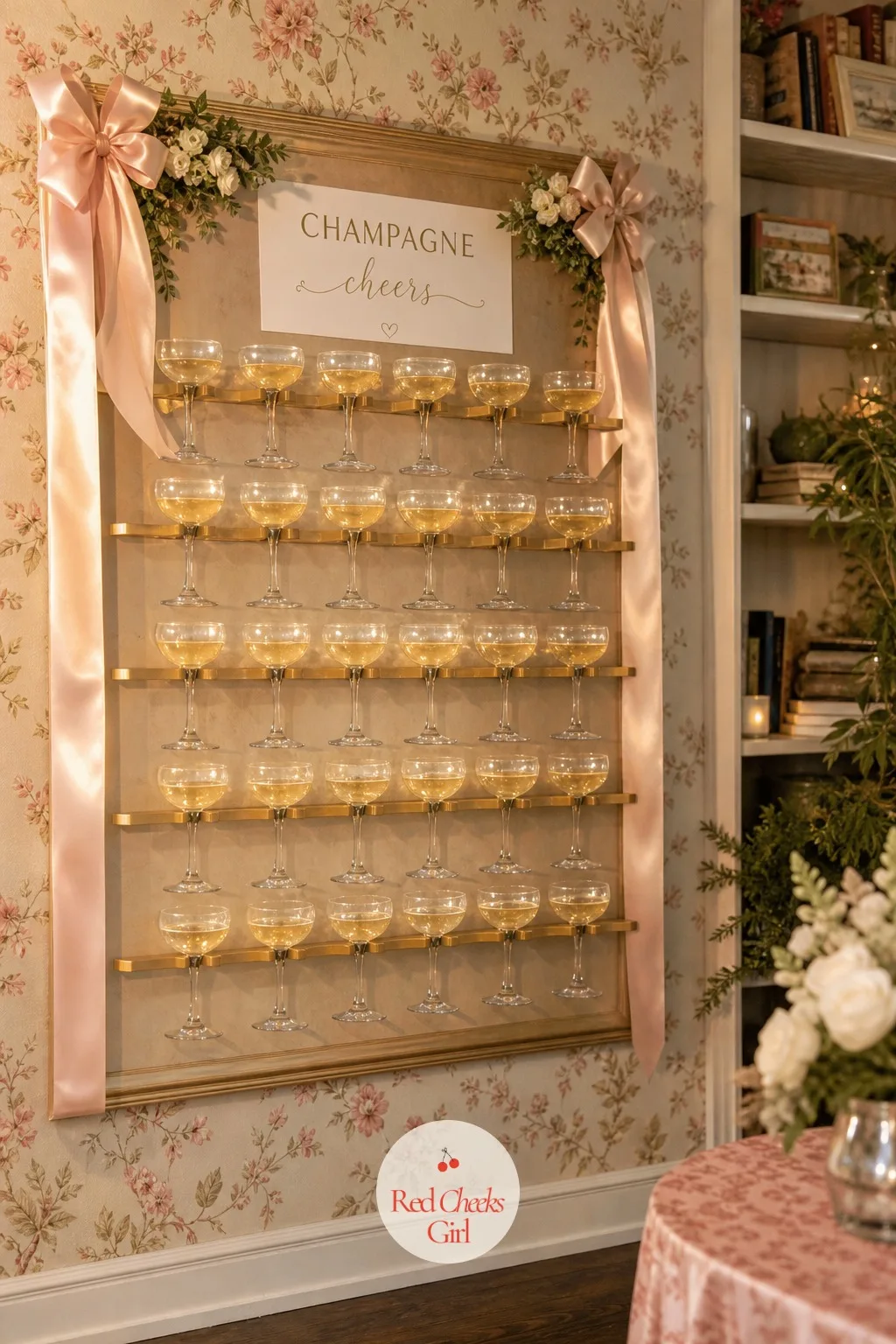 Champagne Wall — A wall-mounted frame holds rows of coupe glasses already filled, so guests lift one straight off the wall instead of queueing at a bar, each