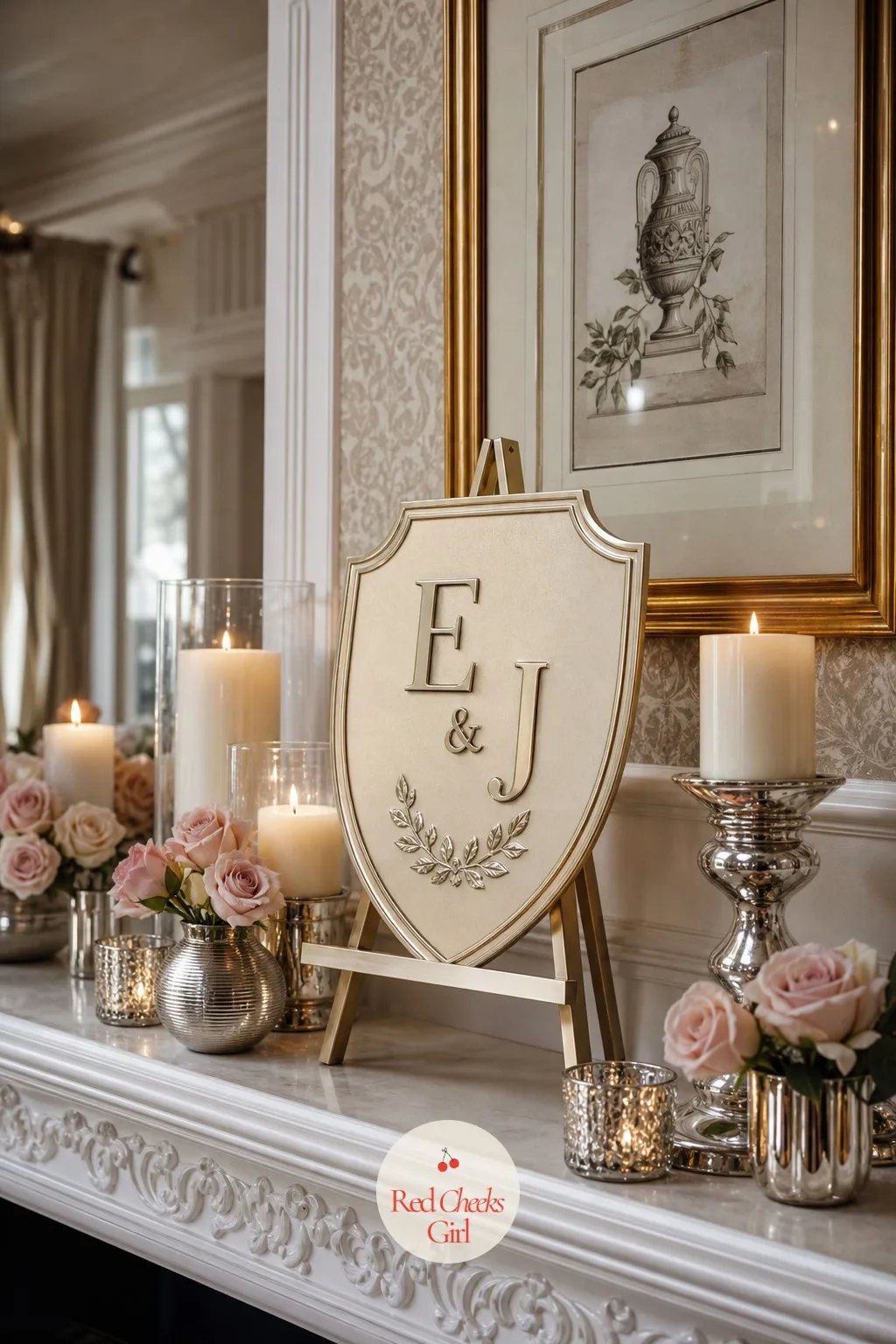 Couple Crest or Monogram Sign — Two initials, entwined into one small crest on acrylic or painted wood, sits on the mantel or the dessert table on its own