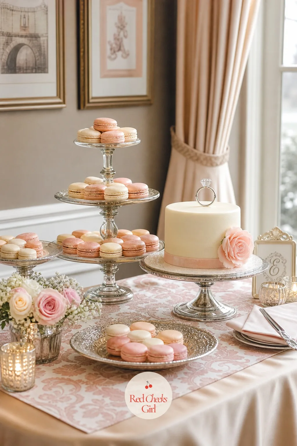 Dessert Table — A tiered stand of macarons and mini tarts sits at the centre of a table dressed in a champagne satin cloth, flanked by a small ring-topped cake