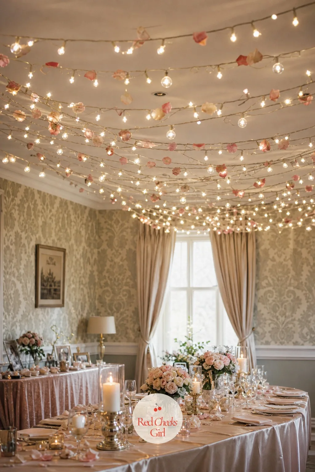 Fairy Lights Overhead — Strung low across the ceiling above the main table, warm white fairy lights turn an ordinary dinner into something softer the moment