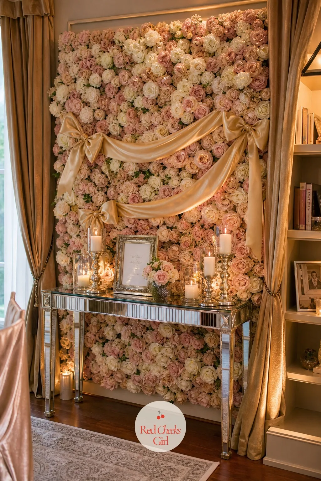 Floral Backdrop Wall — Behind the sign table, a wall of garden roses, ranunculus and trailing eucalyptus turns a plain corner into the spot everyone