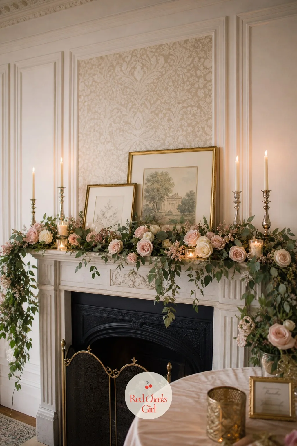 Floral Mantel Display — A loose garland of greenery and blush blooms drapes along the length of the mantel, woven between the existing framed art and