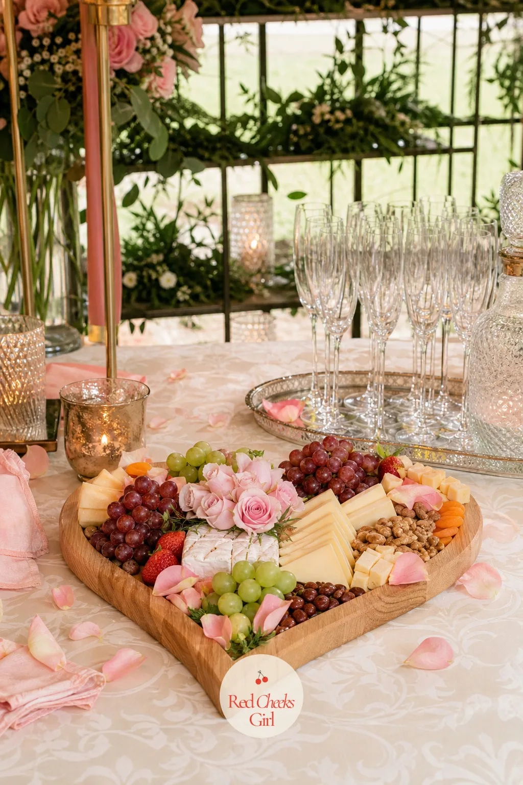 Heart-Shaped Cheese Board Grazing Display — A wooden board cut into a soft heart shape carries wedges of cheese, dried apricots, grapes and a few sprigs of