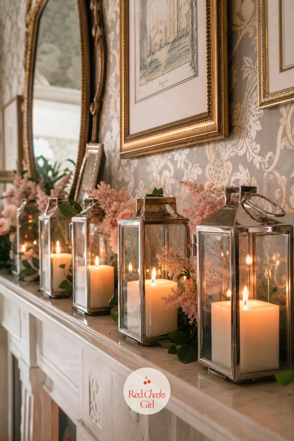 Lanterns — A row of glass lanterns along the mantel, each holding a flameless candle, gives the room a flicker that string lights cannot quite match, sitting