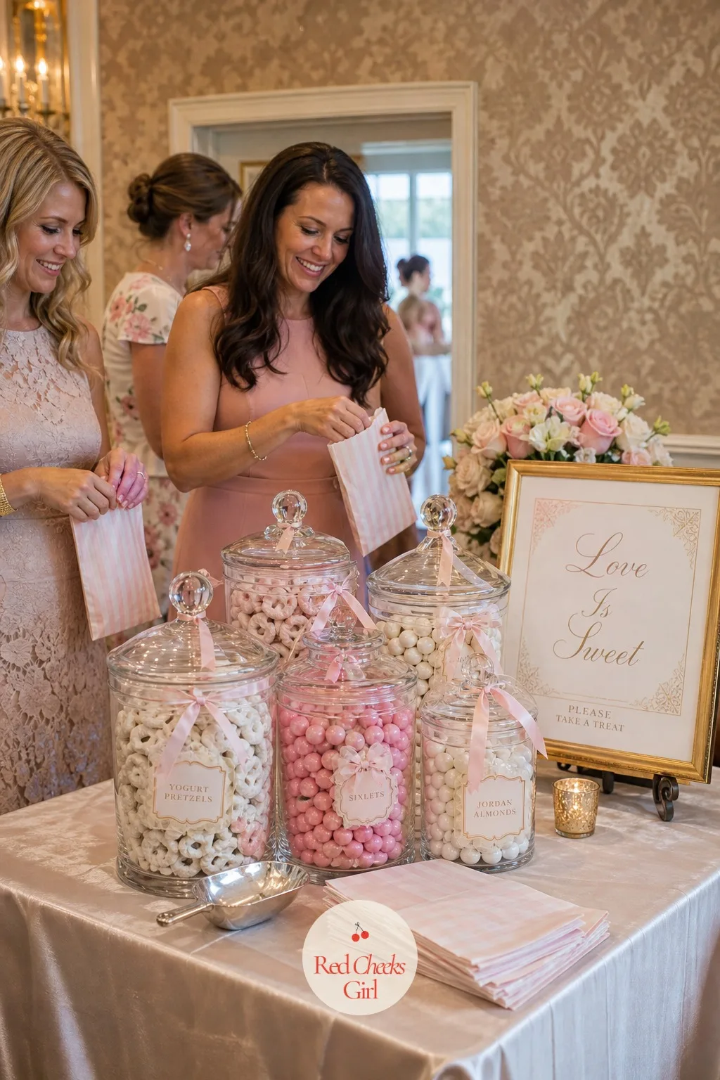 'Love Is Sweet' Candy Jar Station — A cluster of glass apothecary jars filled with pastel candy in the party's own colours sits on a side table with a small