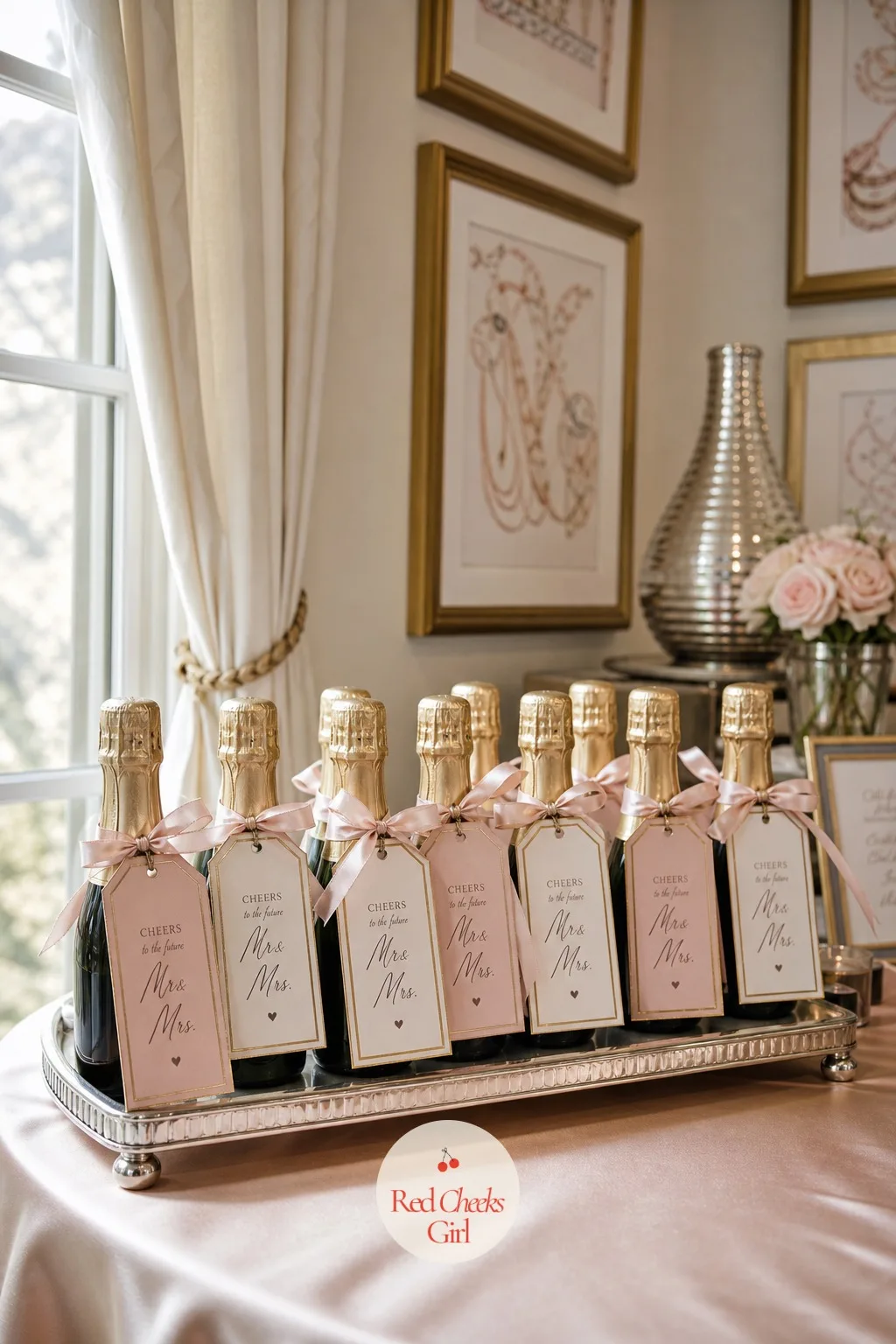 Mini Champagne Bottle Favors — A small bottle of sparkling wine, wrapped with a custom tag bearing the couple's names and the date, sits at each place or lines