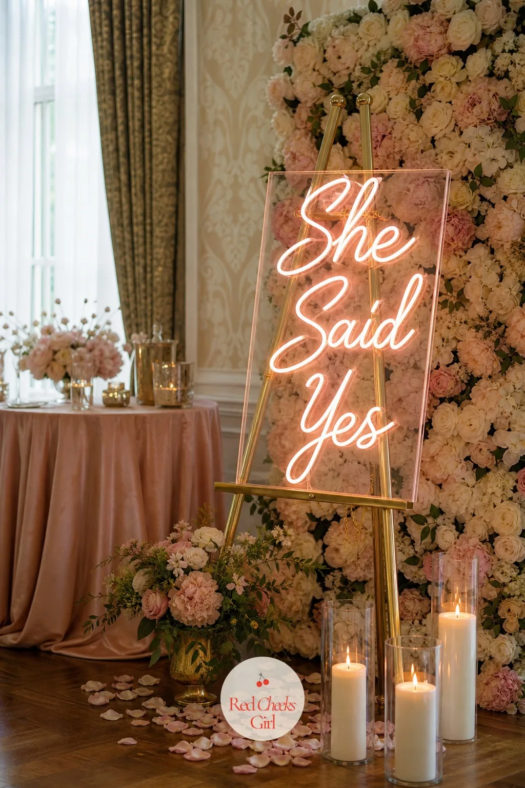 Neon-Style 'She Said Yes' Sign — Propped against the floral wall or set up on its own gold easel, a soft neon-effect sign spells the phrase everyone already