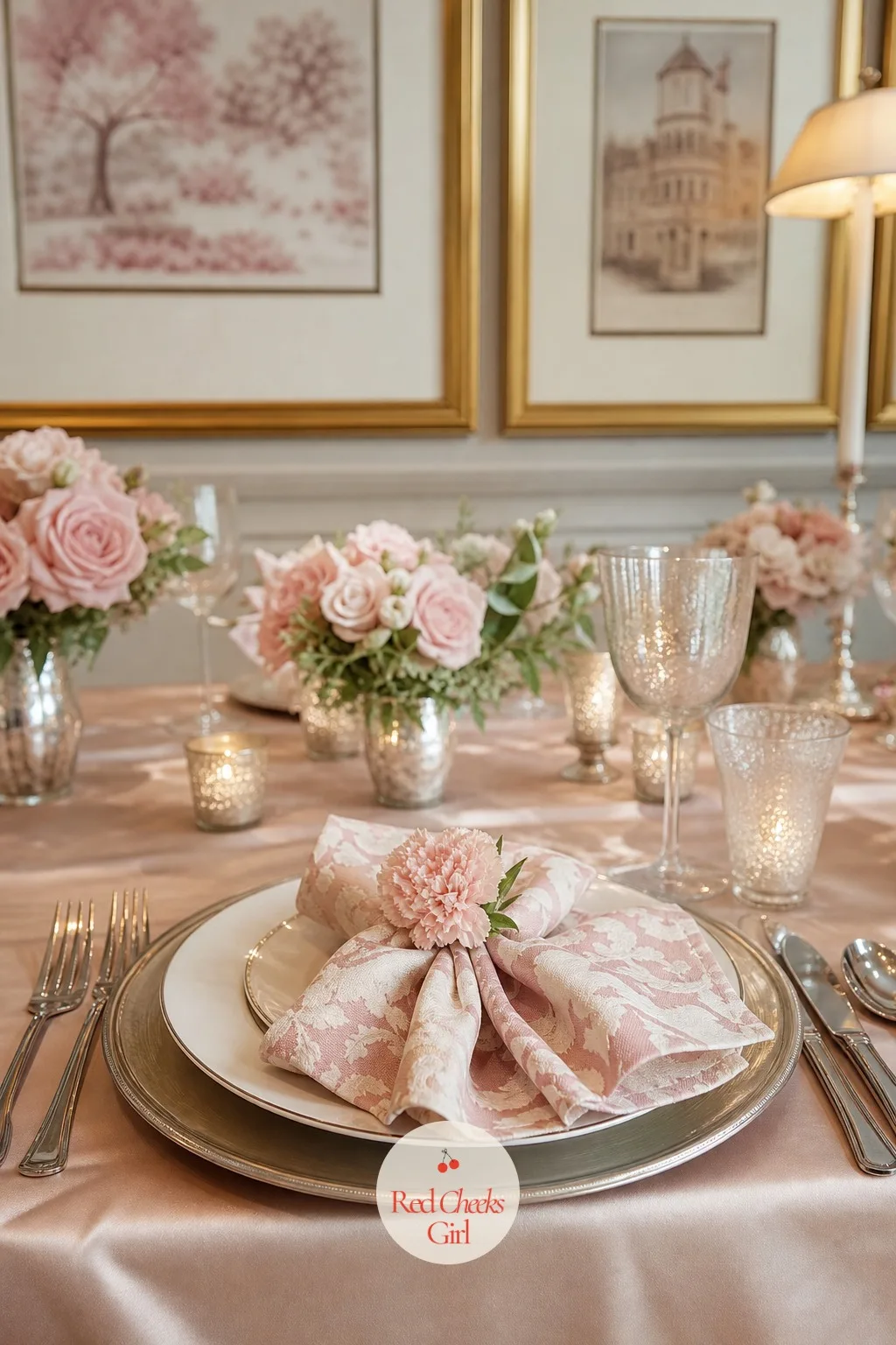 Patterned Cloth Napkins — At each place setting, a patterned cotton napkin folded into a simple rectangle holds a single small bloom tucked under the fold