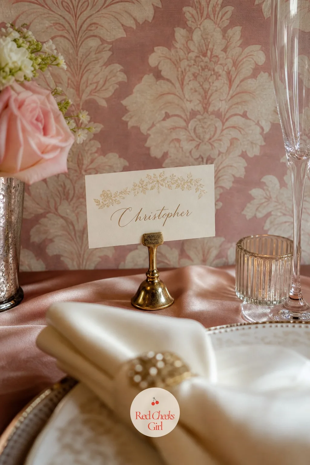 Place Cards — A small calligraphed card in a thin gold stand marks each seat, propped just behind the napkin where it catches the eye before the plate does.