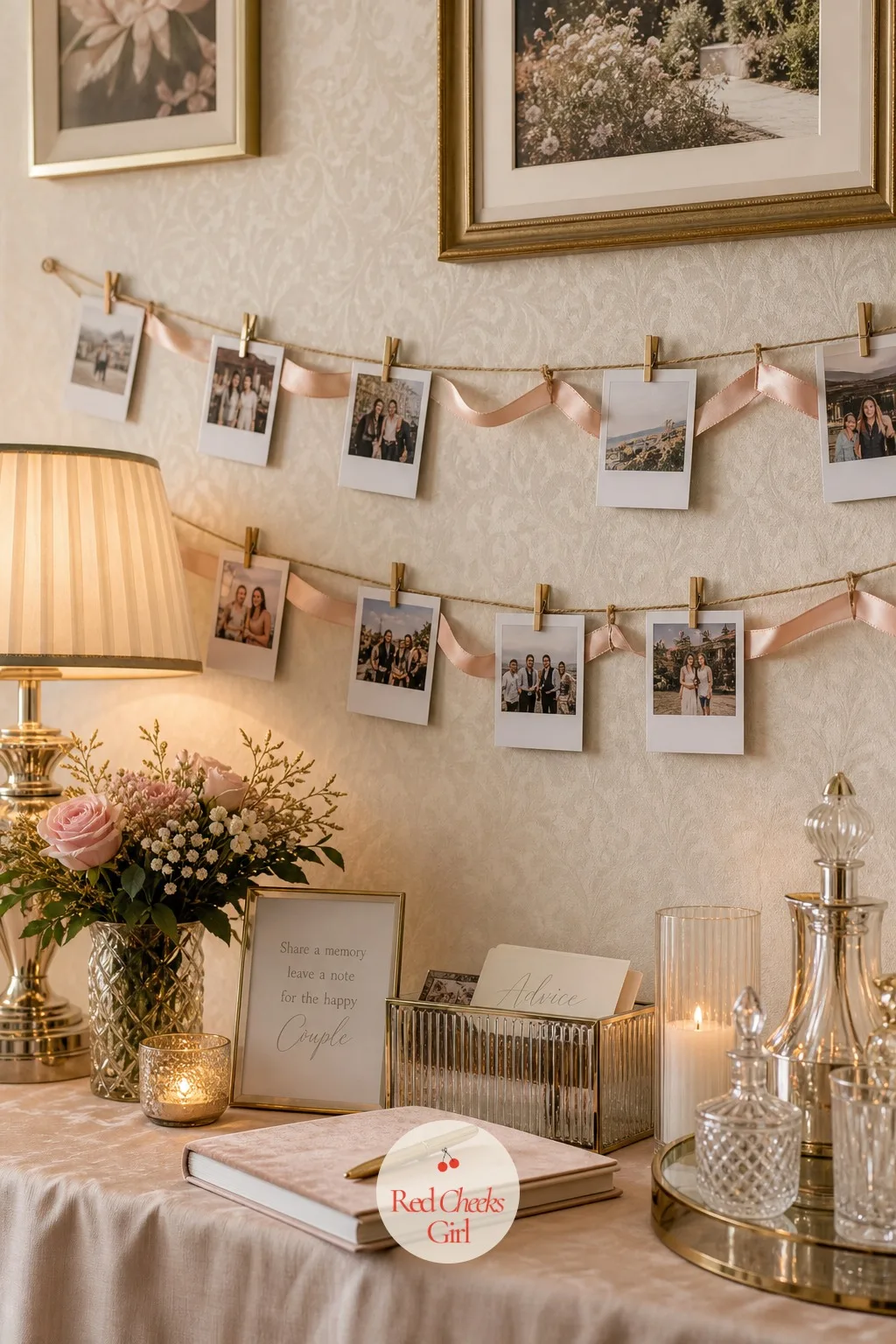 Polaroid Memory Wall — A length of twine pinned along one wall holds instant photos clipped on with tiny wooden pegs, the strand filling up through the evening