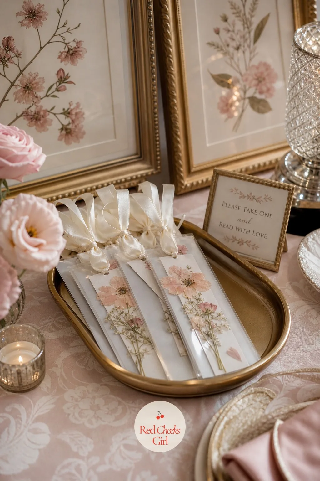 Pressed Flower Bookmark Favors — A small stack of laminated bookmarks, each pressed with a real dried flower and tied with a thin ribbon, sits in a shallow