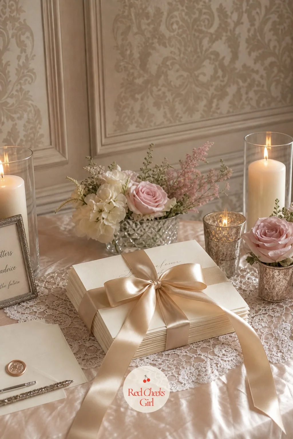 Ribbon-Tied Love Letters Centerpiece — A small stack of envelopes, tied together with satin ribbon and stamped with a wax seal, sits at the centre of the table