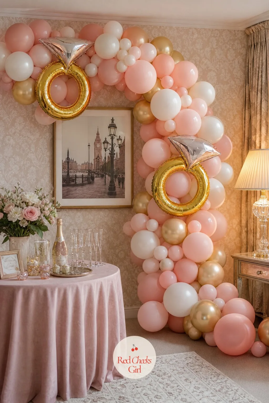 Ring Balloon Arch — An empty wall behind the sofa says nothing until this arrives: an organic garland of ivory, blush and champagne gold balloons threaded with