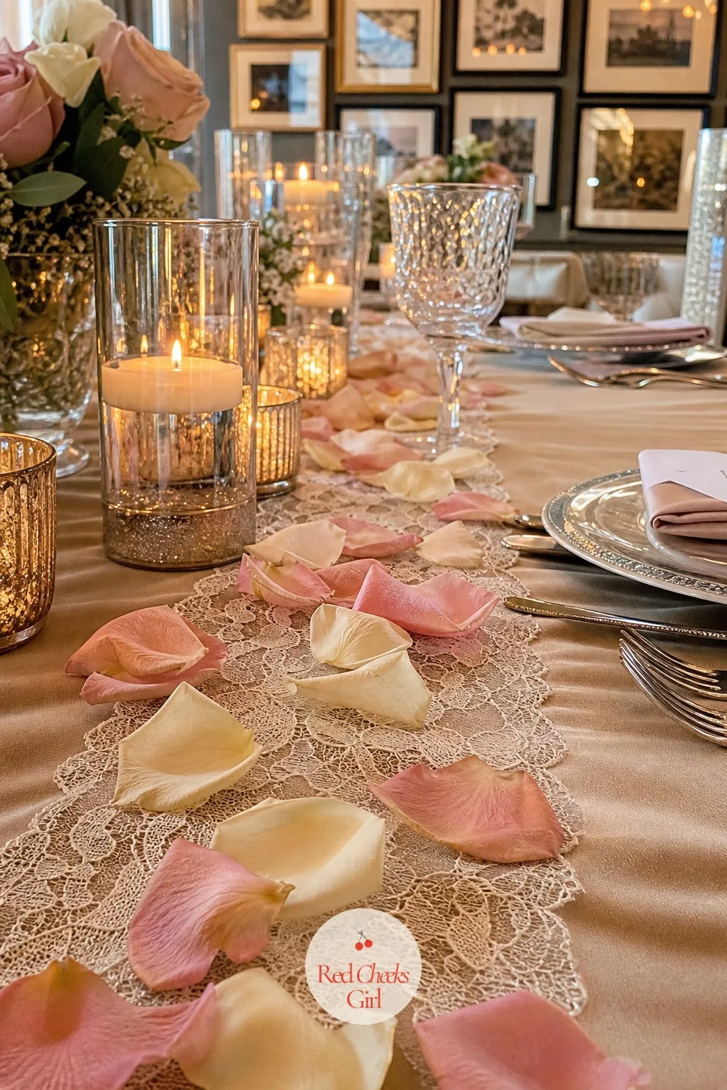 Rose Petals Scattered on Table — A loose scatter of blush and ivory petals runs down the centre of the antique lace runner, catching between the candles and