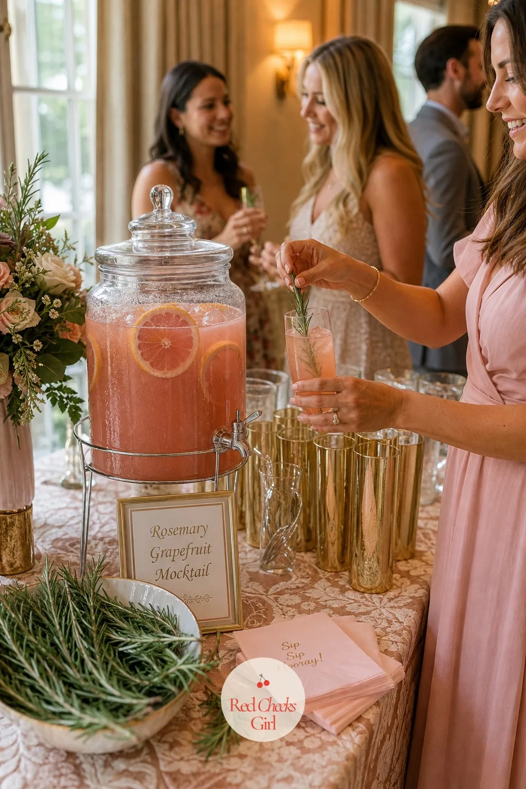 Rosemary Grapefruit Mocktail Station — A glass beverage dispenser filled with pink grapefruit, sparkling water and bruised rosemary sits at the end of the
