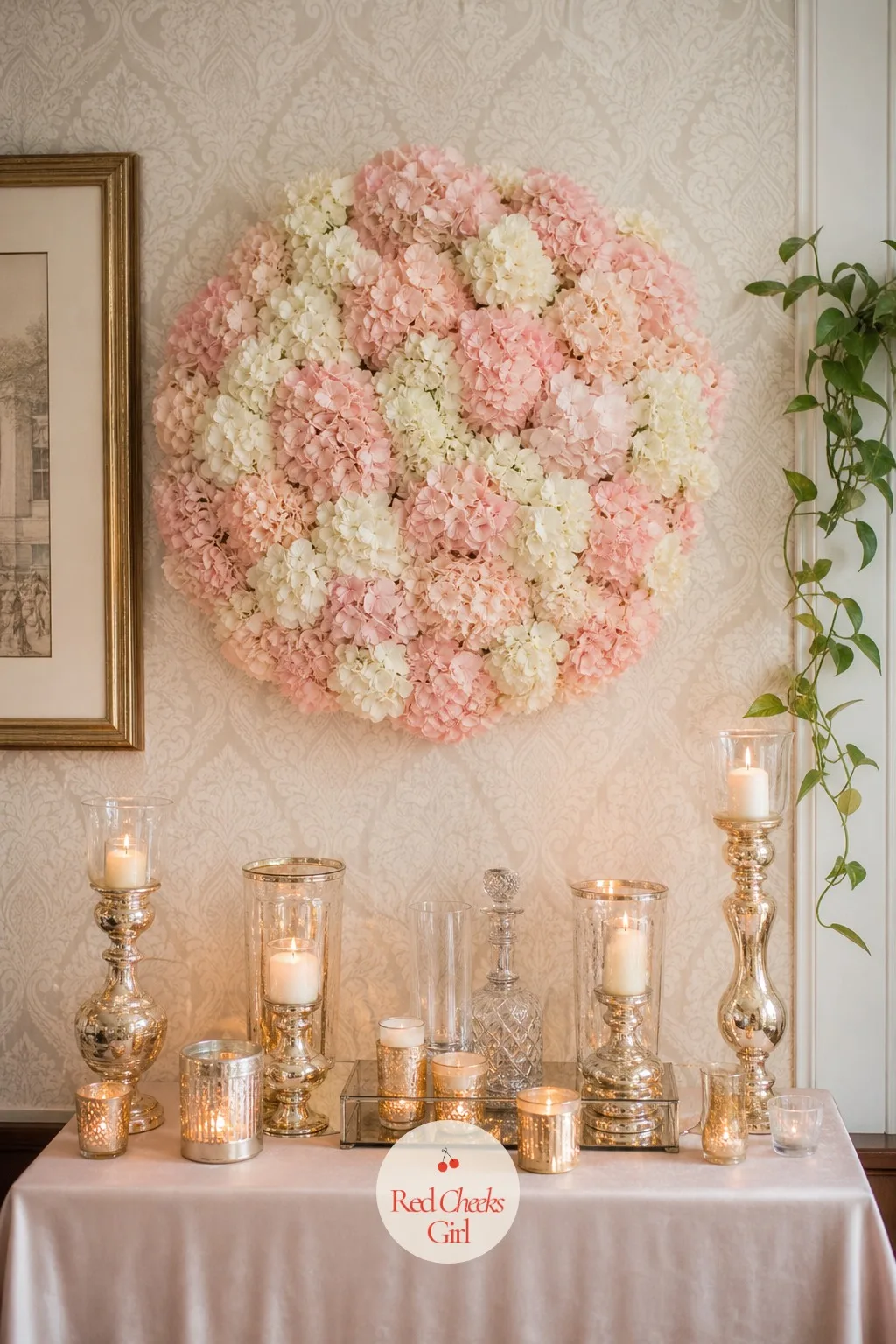 Single-Flower Hydrangea Installation — One flower, repeated, reads as more deliberate than a mixed bouquet ever does: a full moon shape of blush and ivory