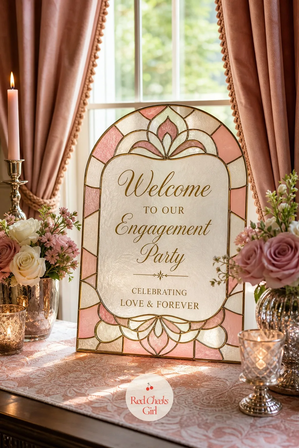 Stained-Glass Style Welcome Sign — At the front door or just inside it, a pane printed or filmed to look like stained glass greets guests with the couple's