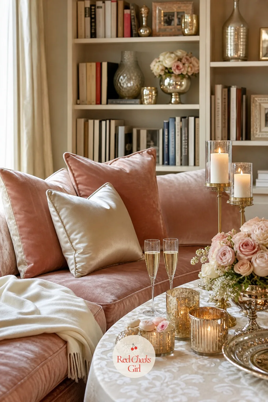 Velvet Lounge Corner — A sofa corner dressed with deep blush velvet cushions and a soft throw gives guests somewhere to actually sit and talk rather than stand