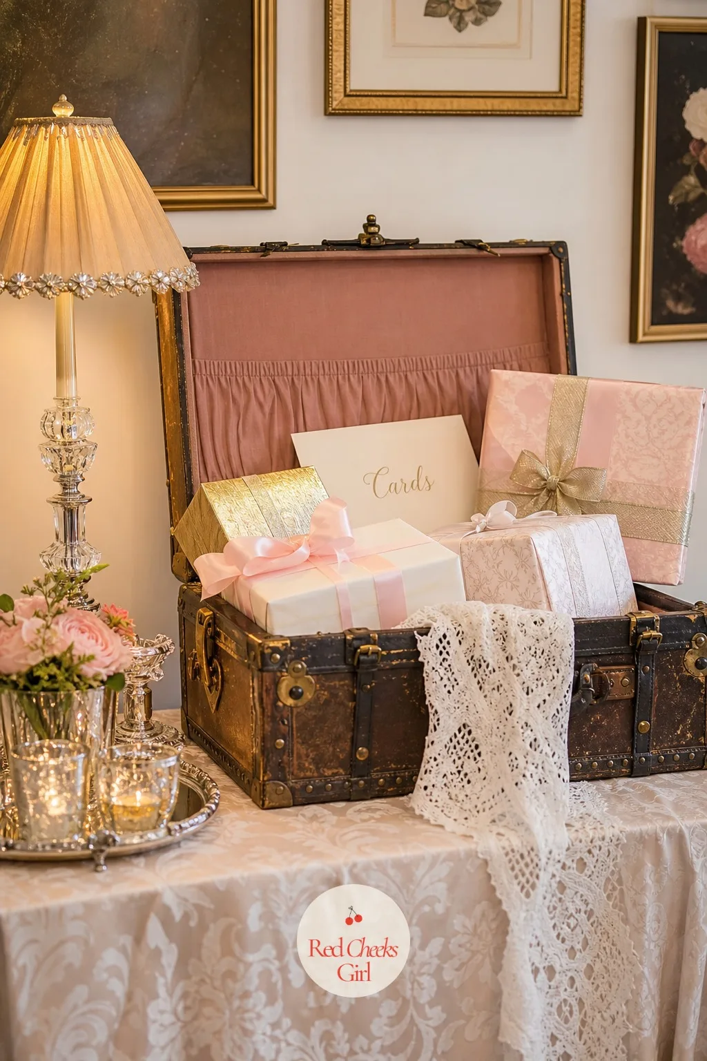 Vintage Trunk Gift Table — An old leather or wooden trunk, lid propped half open, holds the cards and small gifts guests bring, a far more interesting landing