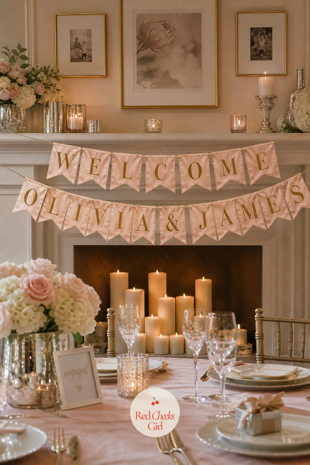 Welcome Banner — Strung above the fireplace or across the top of a doorway, a fabric banner spelling out the couple's names in satin bunting flags sets the