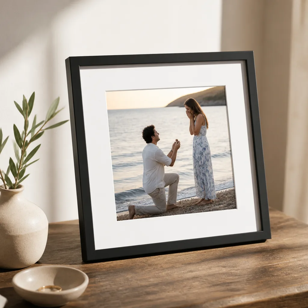 Framed Proposal Photo — Ask for the actual photo from the proposal, the real one on someone's phone, and get it printed and framed before she thinks to do it