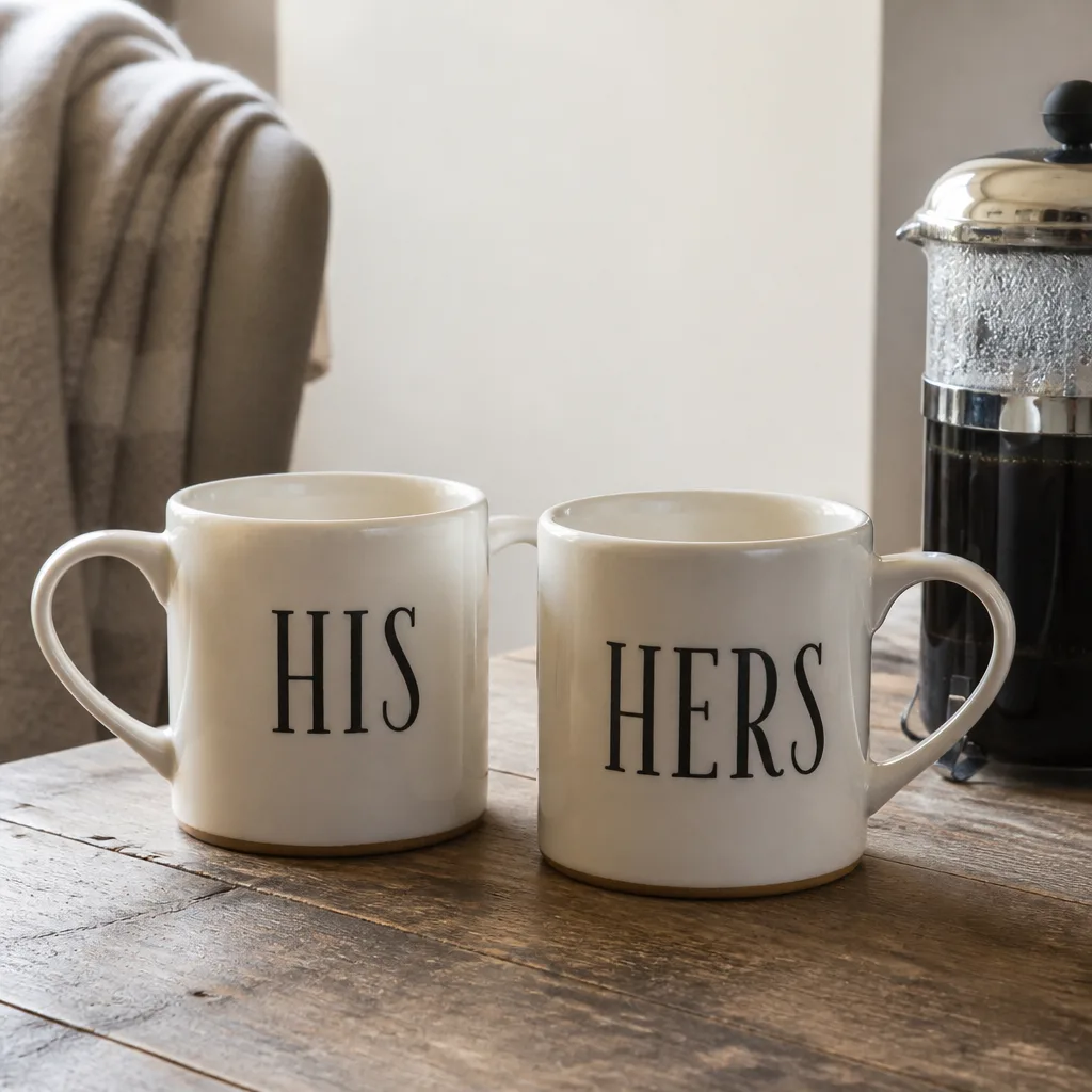 His And Hers Mugs — Small, cheap, and used before either of them has had a chance to be annoyed with each other that day: a matched mug set earns its spot on