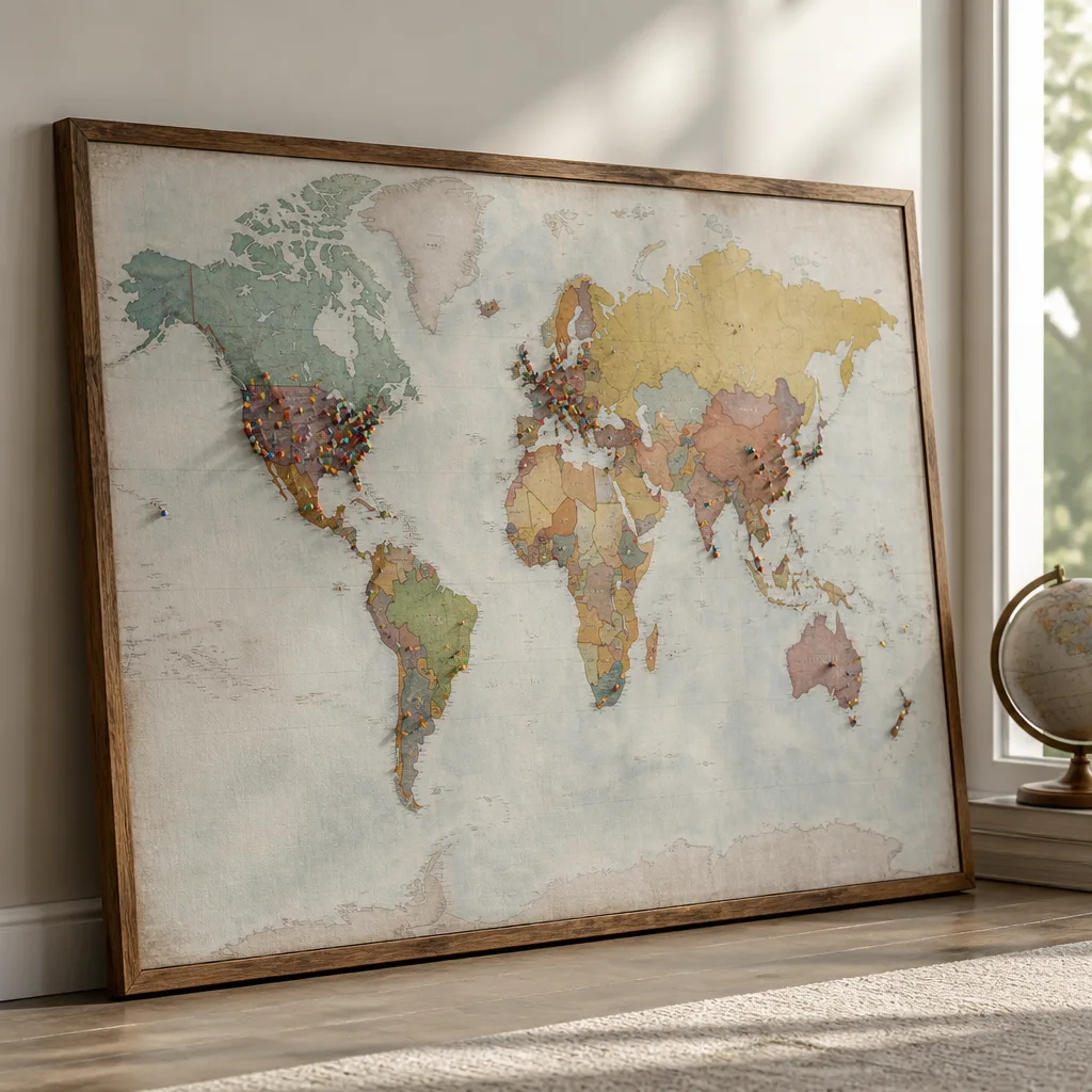 Pushpin World Map For Trips Together — For the couple whose idea of a honeymoon fund is a shared spreadsheet of destinations, a large map they can pin as they