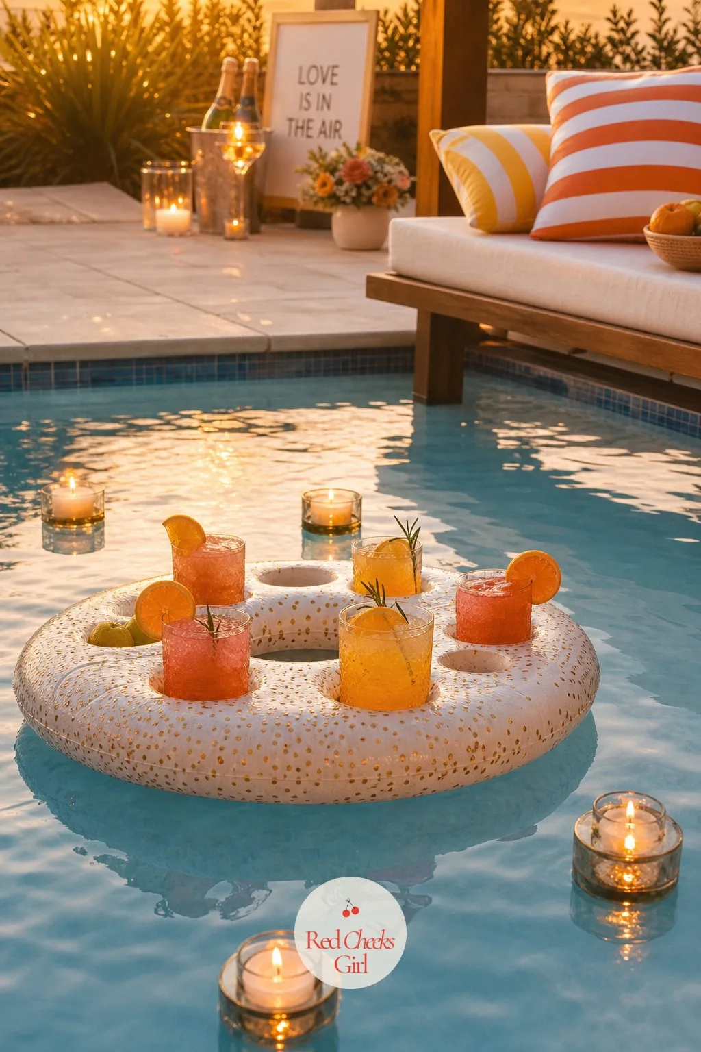 Pool Party At Sunset — The hour right before the sun drops gives a pool its best light, warm and a little gold. Engagement party ideas