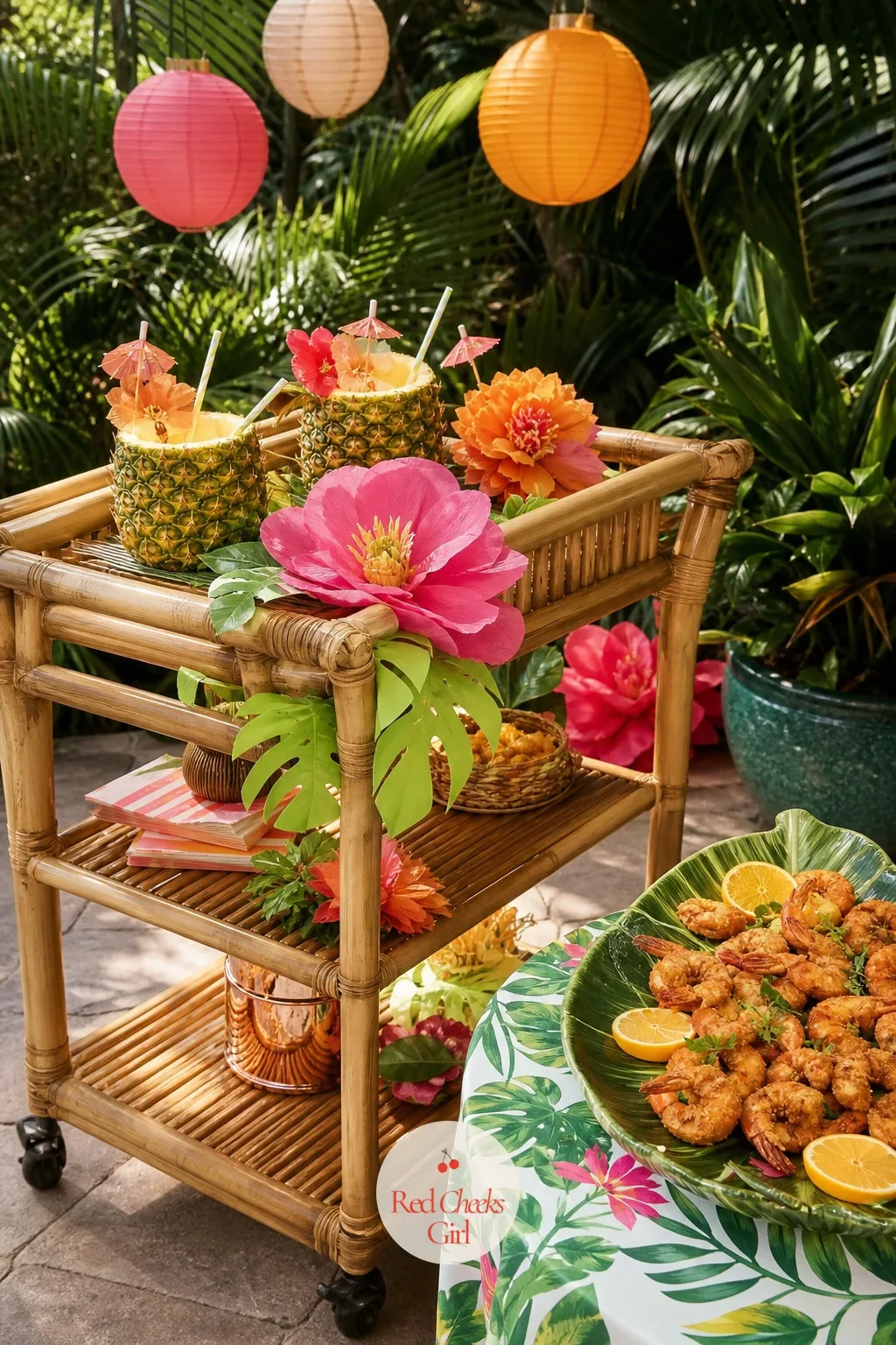 Tiki Tropical Paradise — This one stays grown-up by skipping the grass skirts entirely and leaning into the tiki bar itself: hibiscus pink, tangerine, paper