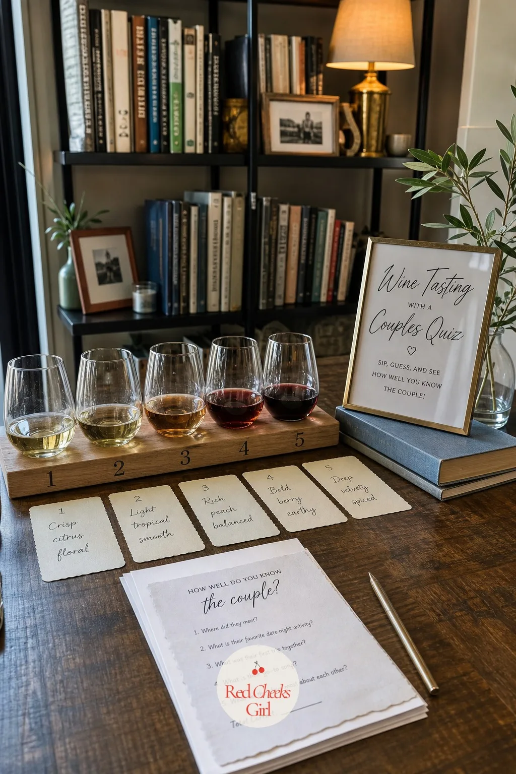Wine Tasting With A Couples Quiz — A library corner or a book-lined wall does more for a wine night than any rented backdrop. Engagement party ideas