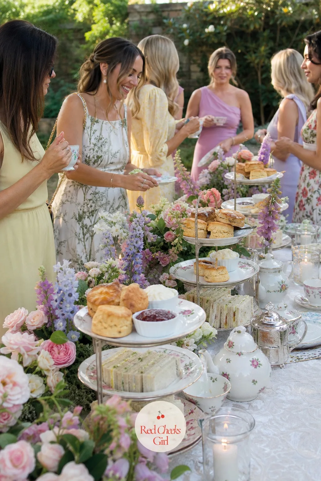 Afternoon Tea Station with Scones and Finger Sandwiches — A formal plated meal fights the whole garden mood, and guests would rather graze than sit still for