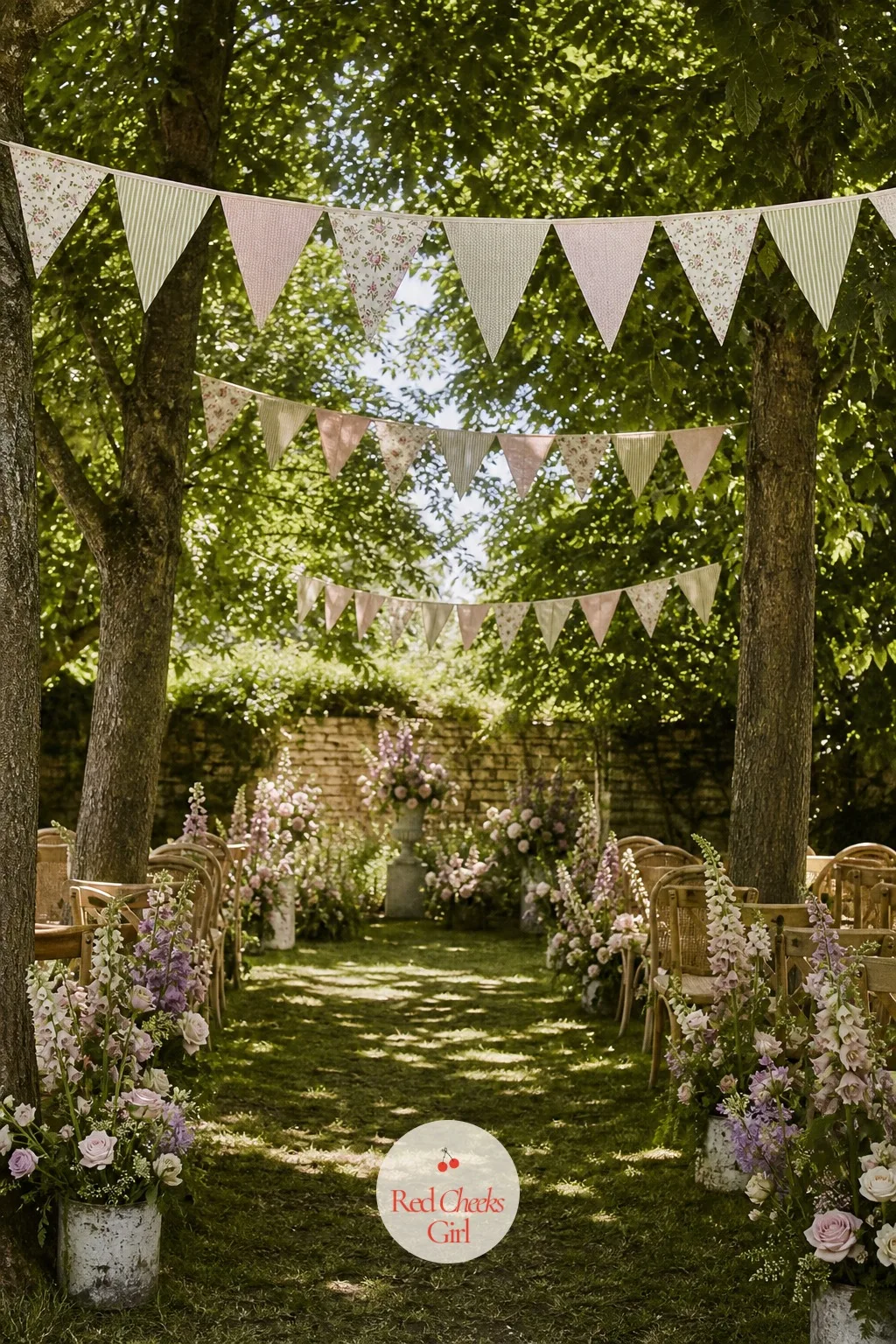 Bunting Garland Over the Aisle — Without something overhead the ceremony space can feel oddly flat, even with flowers everywhere at eye level. English garden