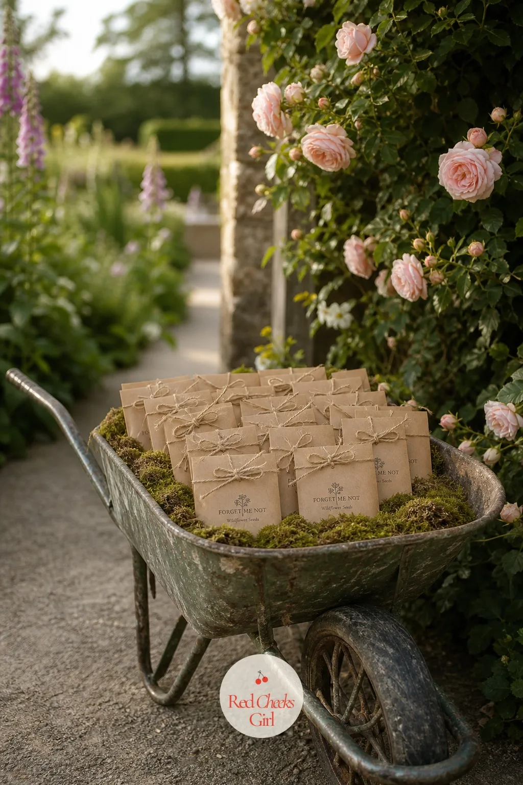 Favor Display in a Vintage Wheelbarrow — A stack of favours on a bare table looks like an afterthought no matter how nice the favour itself is. English garden