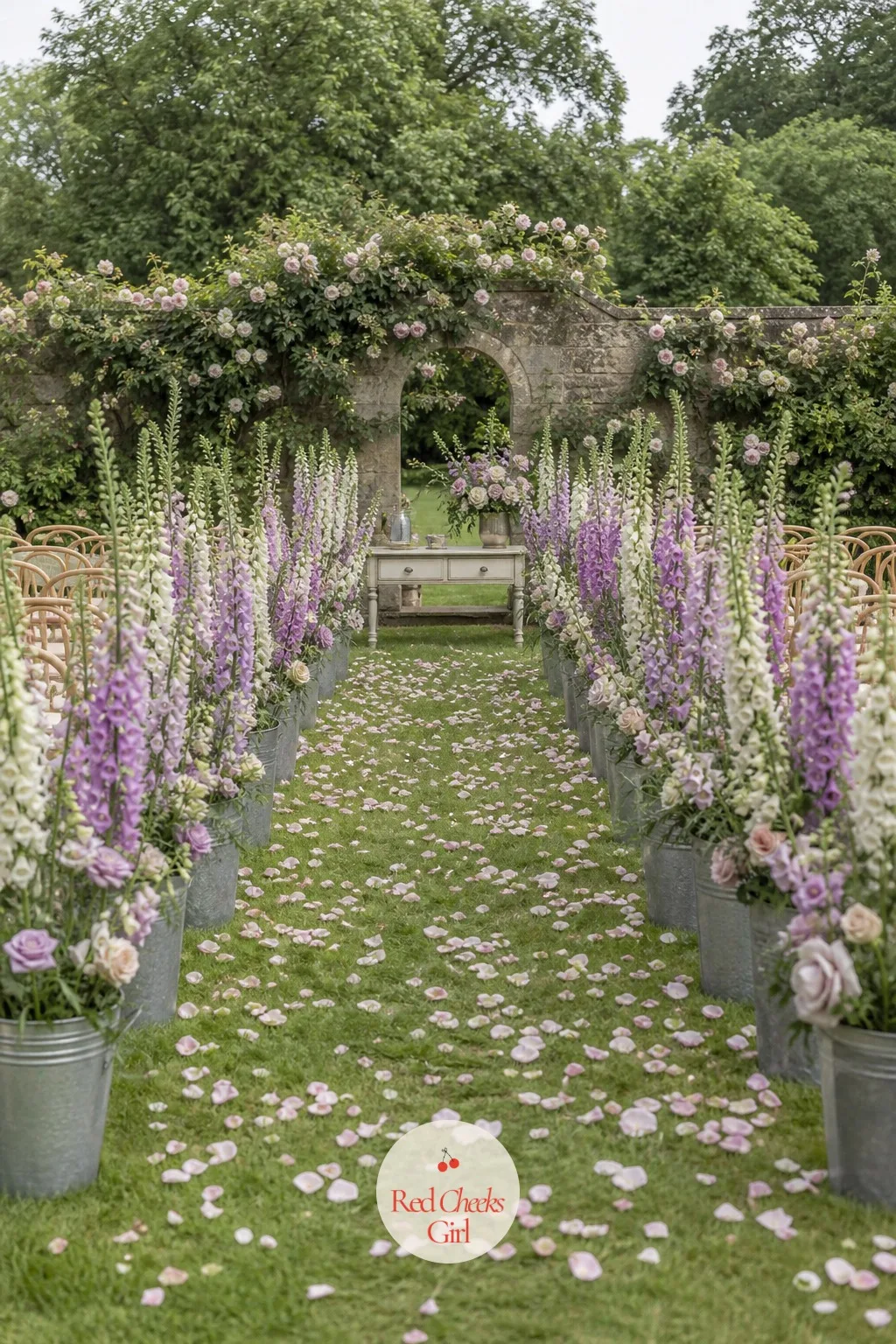 Foxglove-Lined Garden Aisle — An empty strip of grass between two blocks of chairs feels bare, however nice the chairs are. English garden wedding