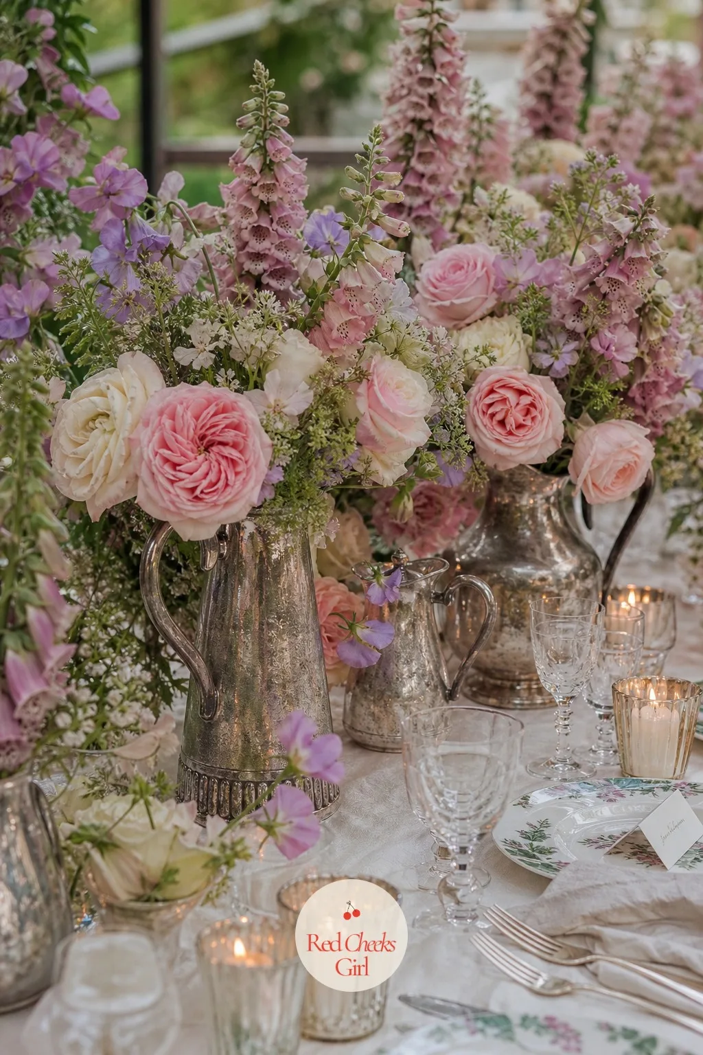 Garden Rose Centerpieces in Silver Jugs — Tall stiff florist arrangements can feel more like a hotel lobby than a garden. English garden wedding