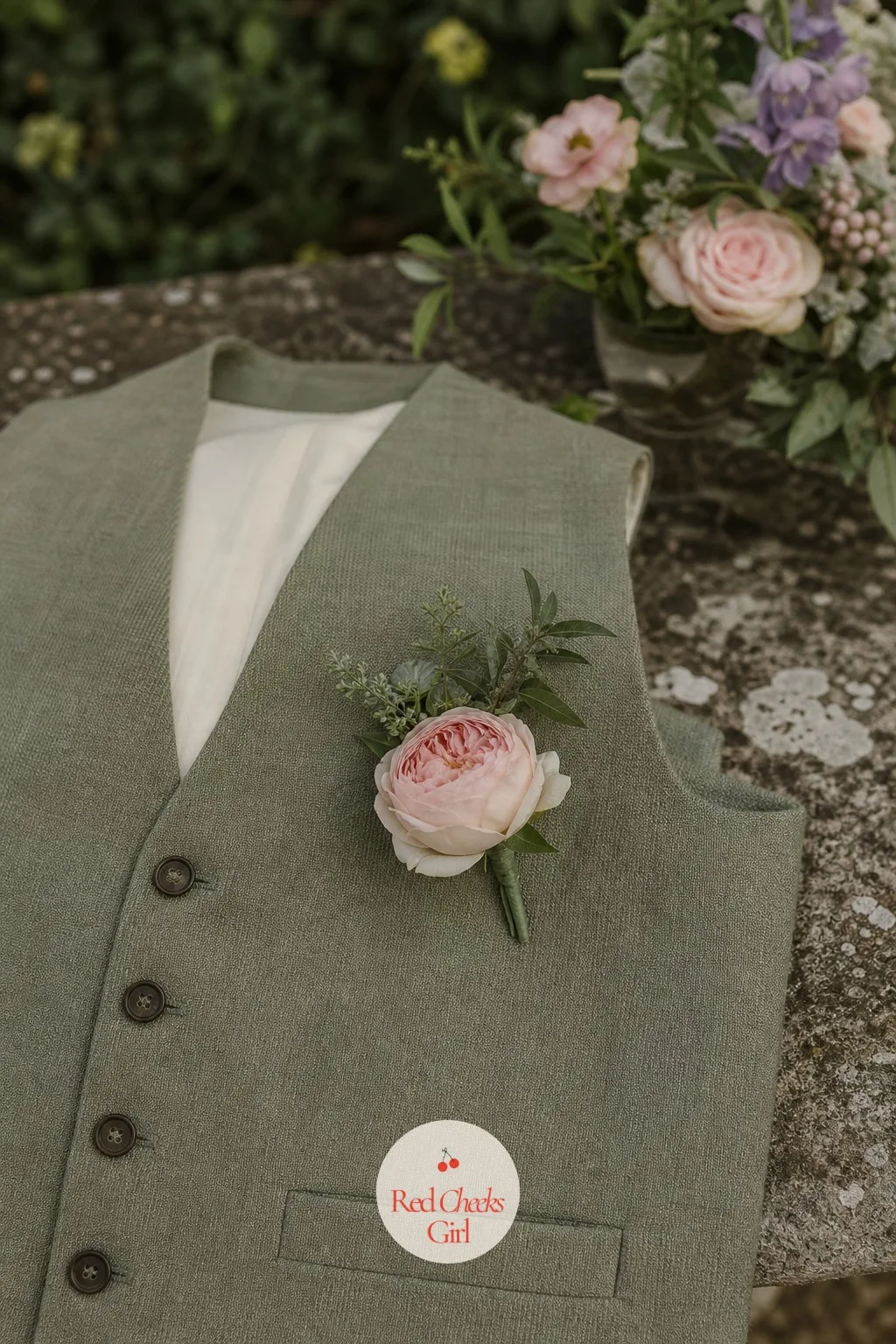 Groom's Rose Boutonniere and Waistcoat — The floral theme often stops at the bride, leaving the groom looking like he wandered in from a different wedding.