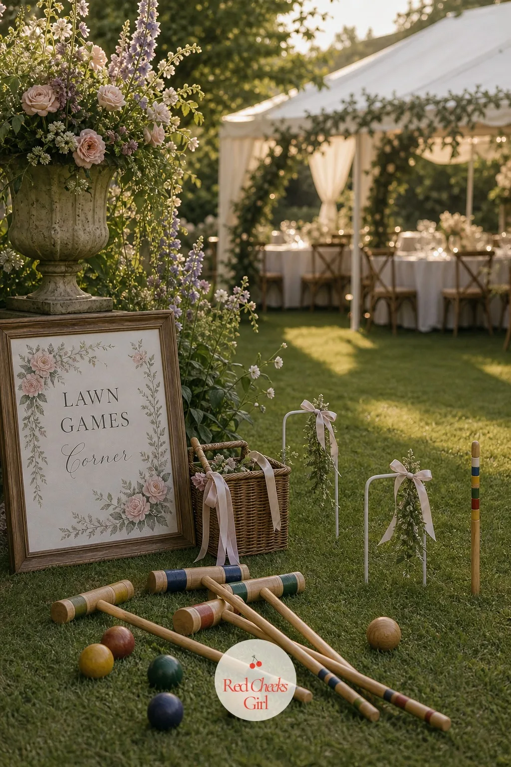 Lawn Games Corner with Croquet — The gap between ceremony and reception is where guests stand around holding warm drinks with nothing to do. English garden